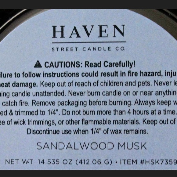 HAVEN STREET CANDLE SANDALWOOD MUSK RICHLY SCENTED NEW 2 WICK 14 oz - Picture 3 of 3